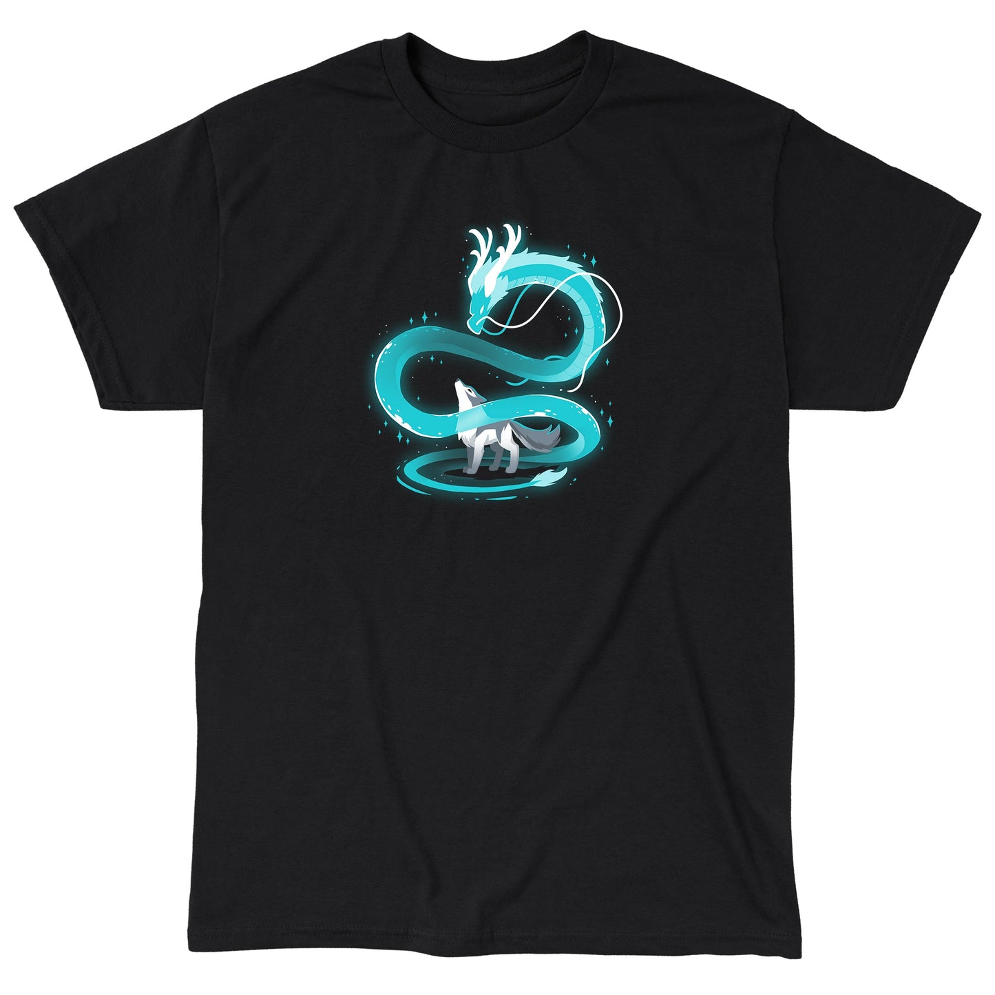 Classic Cotton T-shirt_A glowing blue dragon spirals above a gray wolf, who looks upward in a black background. Both creatures are enveloped in an ethereal light, creating a mystical Spirit of the Moon scene on this super soft ringspun cotton black apparel by monsterdigital.