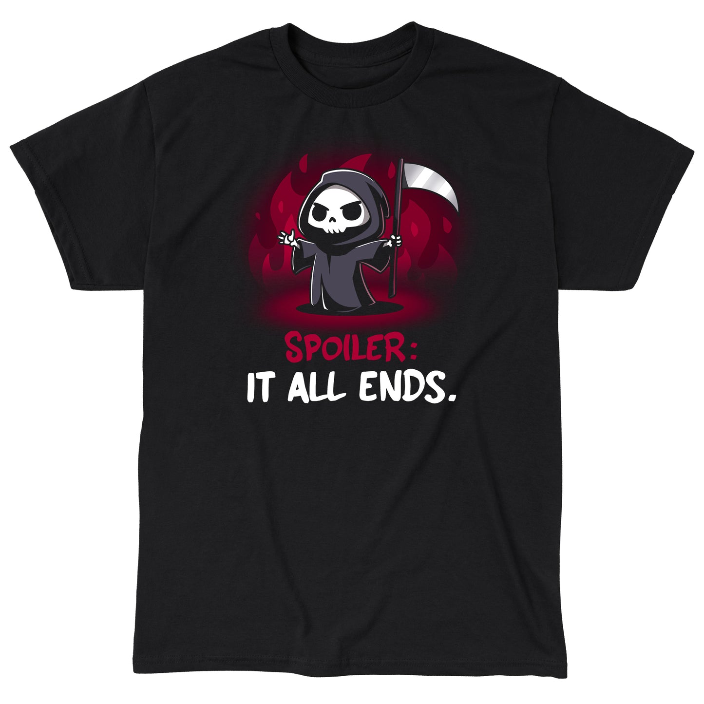 Classic Cotton T-shirt_TeeTurtle Spoiler: It All Ends. black t-shirt featuring a dark and dangerous Grim Reaper in front of red flames.