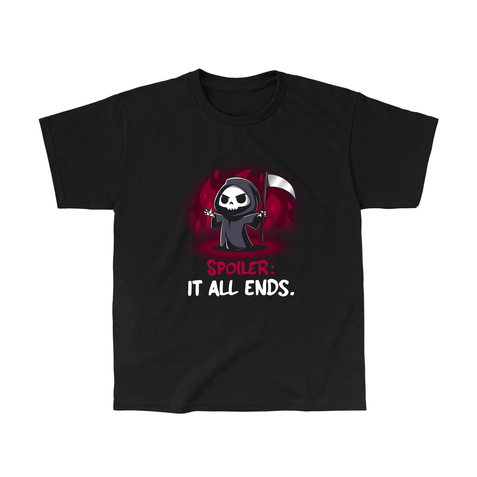 Classic Cotton T-shirt_TeeTurtle Spoiler: It All Ends. black t-shirt featuring a dark and dangerous Grim Reaper in front of red flames.