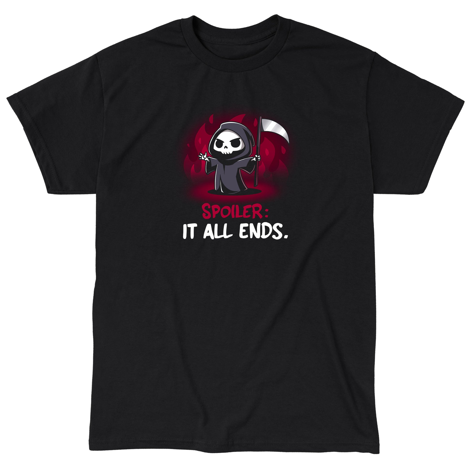 Classic Cotton T-shirt_TeeTurtle Spoiler: It All Ends. black t-shirt featuring a dark and dangerous Grim Reaper in front of red flames.