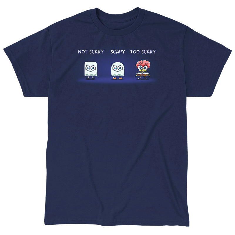 Classic Cotton T-shirt_TeeTurtle navy blue SpongeBob Scariness Range apparel featuring SpongeBob SquarePants in the Halloween costumes of: a sheet ghost with a square outline with the caption, “Not Scary“, a sheet ghost with a rounded outline with the caption, “Scary“, and missing some parts of his head so that his brain is exposed with the caption, “Too Scary“.