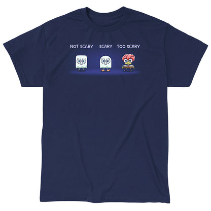 Classic Cotton T-shirt_TeeTurtle navy blue SpongeBob Scariness Range apparel featuring SpongeBob SquarePants in the Halloween costumes of: a sheet ghost with a square outline with the caption, “Not Scary“, a sheet ghost with a rounded outline with the caption, “Scary“, and missing some parts of his head so that his brain is exposed with the caption, “Too Scary“.