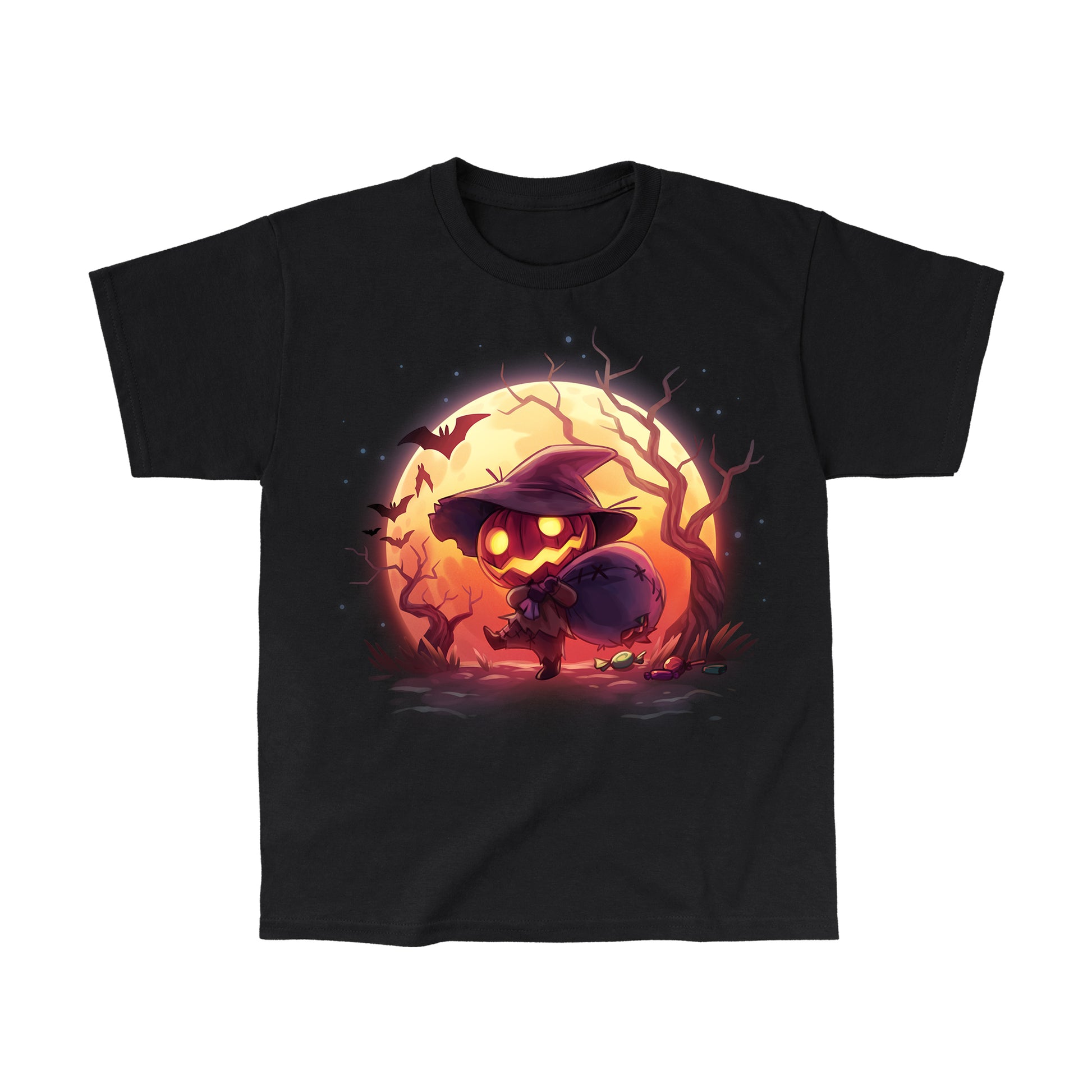 Classic Cotton T-shirt_TeeTurtle black Spooky Scarecrow featuring a pumpkin scarecrow in a spooky forest carrying a torn sack of Halloween candy.