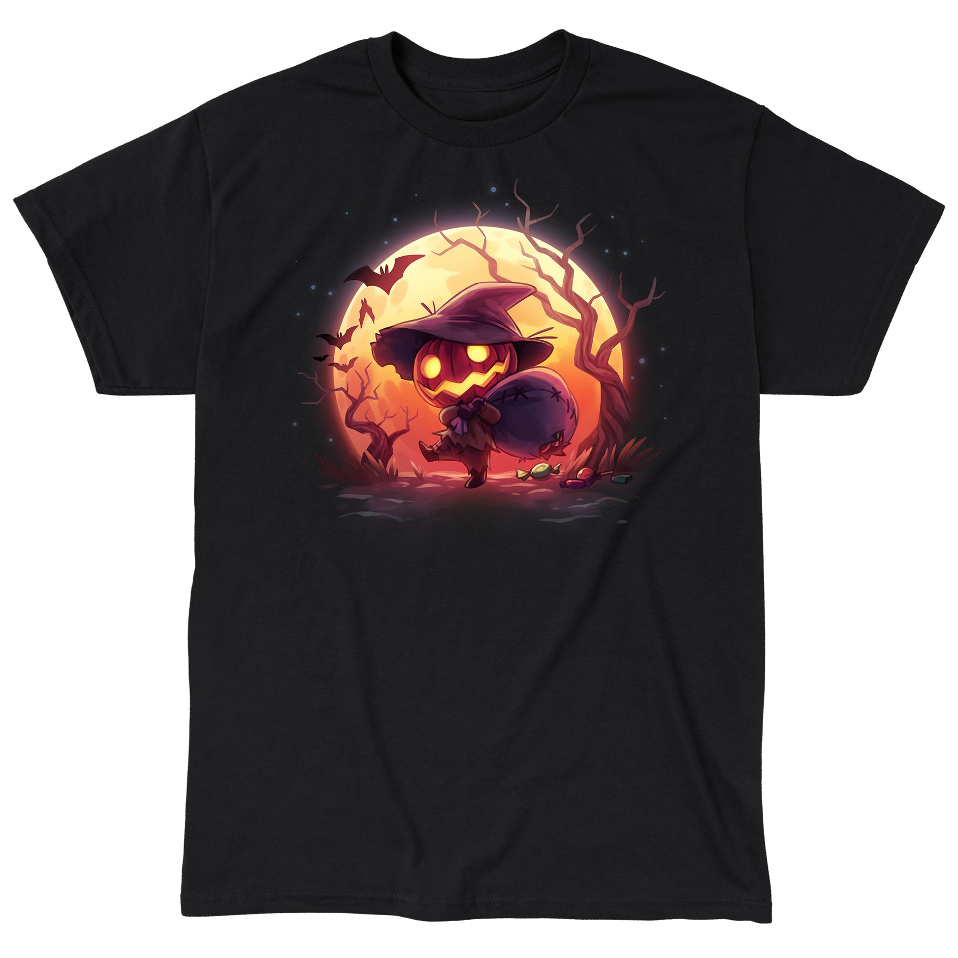 Classic Cotton T-shirt_TeeTurtle black Spooky Scarecrow featuring a pumpkin scarecrow in a spooky forest carrying a torn sack of Halloween candy.