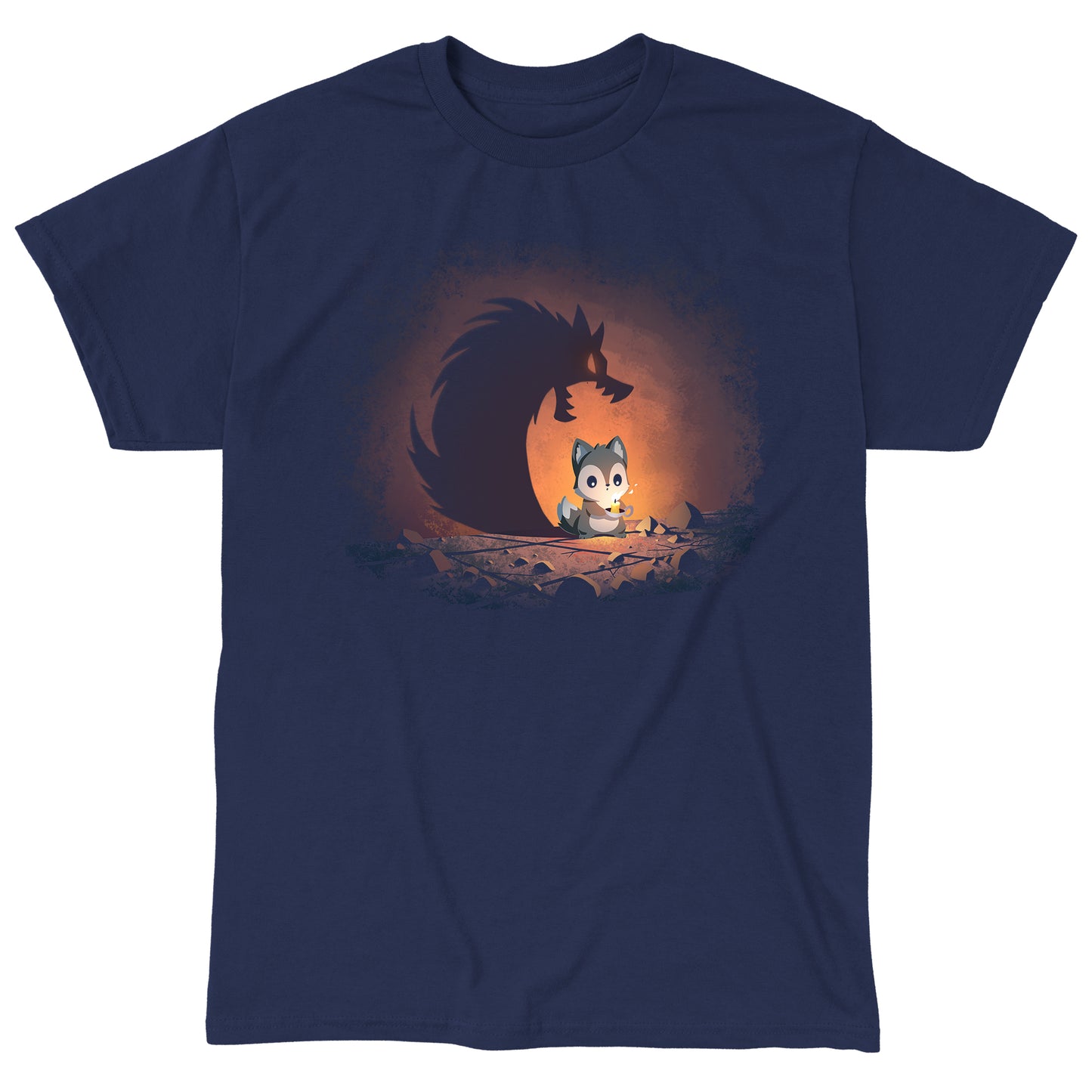 Classic Cotton T-shirt_TeeTurtle navy blue Spooky Shadow apparel featuring a wolf holding a candle with a shadow of a werewolf with its jaws open.