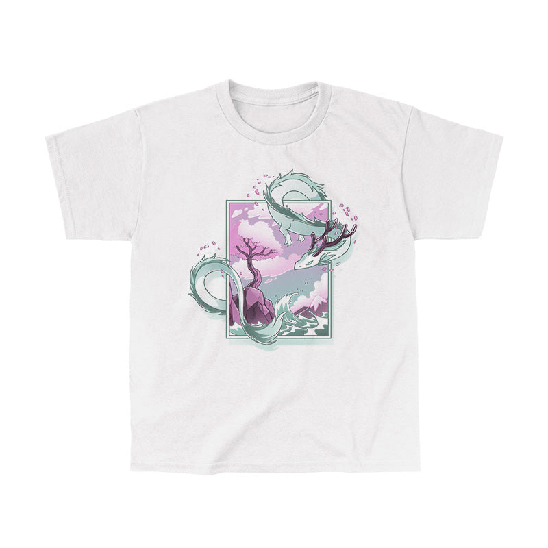 Classic Cotton T-shirt_TeeTurtle Spring Blossom Dragon white t-shirt featuring an artistic dragon surrounding a painting of a cherry blossom tree on a cliff next to the ocean.