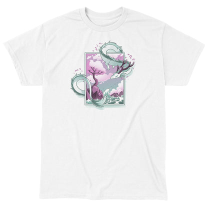 Classic Cotton T-shirt_TeeTurtle Spring Blossom Dragon white t-shirt featuring an artistic dragon surrounding a painting of a cherry blossom tree on a cliff next to the ocean.