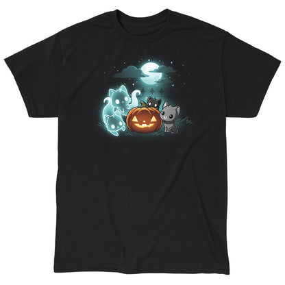 Classic Cotton T-shirt_TeeTurtle Spurrits of Halloween black t-shirt featuring two dark and dangerous ghost cats next to two grey cats watching them. They are surrounding a jack-o-lantern and there is a full moon with clouds behind them.