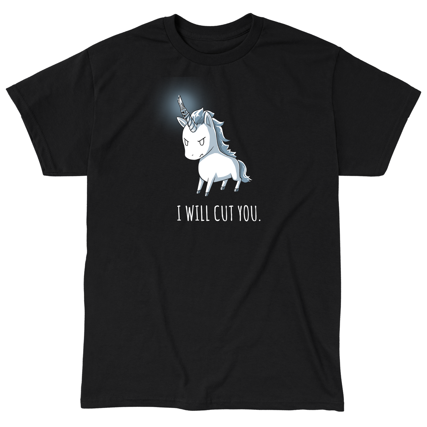 Classic Cotton T-shirt_Stabby the Unicorn, with an angry expression and a twisted horn, stands on a black background of this super soft ringspun cotton black apparel from monsterdigital. The text "I WILL CUT YOU" is written boldly below him.