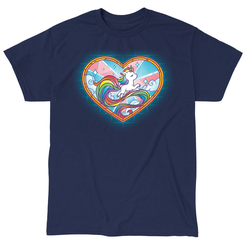 Classic Cotton T-shirt_TeeTurtle Stained Glass Unicorn navy blue t-shirt featuring an artistic pride unicorn with a long rainbow tail in a stained glass style heart with clouds and sparkles.