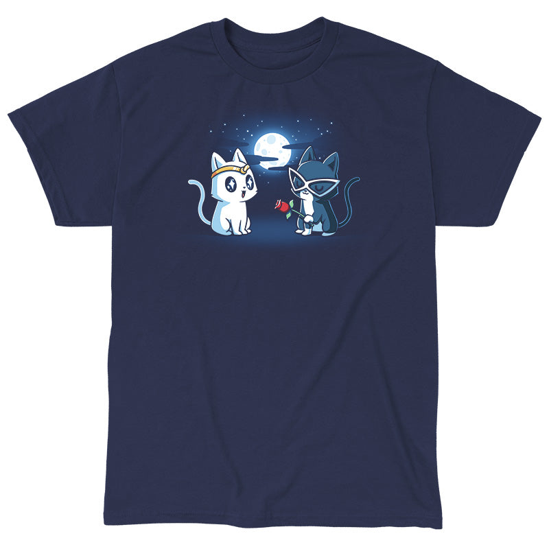 Classic Cotton T-shirt_TeeTurtle Star-Crossed Lovers navy blue t-shirt featuring a white cat with large, black starry eyes wearing a gold headband and a gray cat wearing white glasses looking smitten holding a red rose. The background features a full moon surrounded by clouds and stars. 