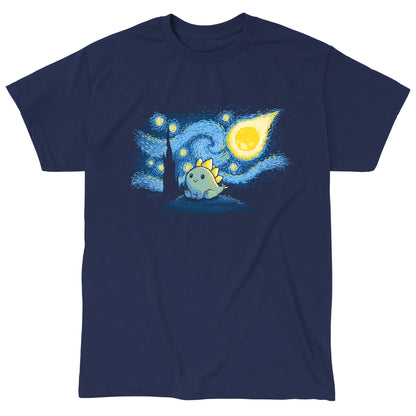 Classic Cotton T-shirt_TeeTurtle Stego Night navy blue t-shirt featuring an illustration of a cute dinosaur with stegosaurus-like plates, set against a "Starry Night"-inspired background.