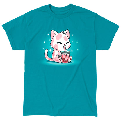 Classic Cotton T-shirt_TeeTurtle Strawberry Boba Cat Tropical Blue t-shirt featuring a kawaii & sweet pink cat with strawberries on their fur while drinking a pink boba drink.