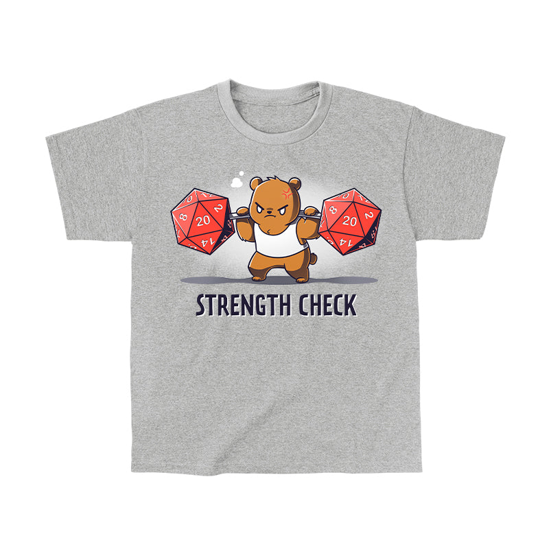 Classic Cotton T-shirt_TeeTurtle Strength Check heather gray t-shirt featuring a determined brown bear in a sleeveless workout shirt who lifts two large red 20-sided dice on a bar while straining, with "Strength Check" written below.