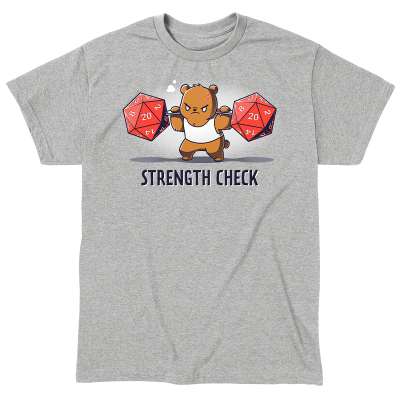 Classic Cotton T-shirt_TeeTurtle Strength Check heather gray t-shirt featuring a determined brown bear in a sleeveless workout shirt who lifts two large red 20-sided dice on a bar while straining, with "Strength Check" written below.