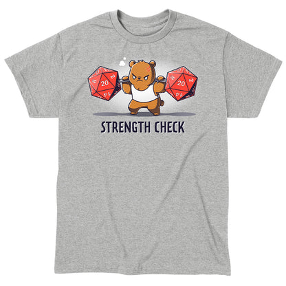 Classic Cotton T-shirt_TeeTurtle Strength Check heather gray t-shirt featuring a determined brown bear in a sleeveless workout shirt who lifts two large red 20-sided dice on a bar while straining, with "Strength Check" written below.