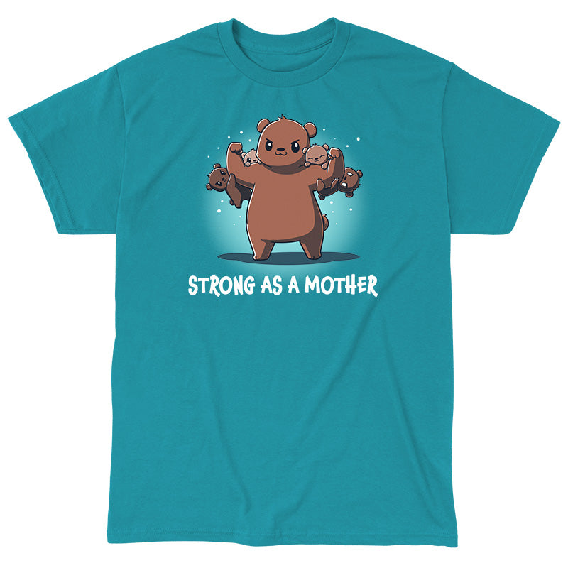 Classic Cotton T-shirt_TeeTurtle Strong as a Mother tropical blue t-shirt featuring a strong bear lifting four smaller bears with the caption "Strong as a Mother."