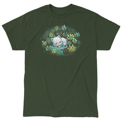 Classic Cotton T-shirt_TeeTurtle Succulent Garden Forrest Green t-shirt featuring an illustration of a white cat sleeping, surrounded by various green and yellow succulent plants in pots, set against a dark green background. 