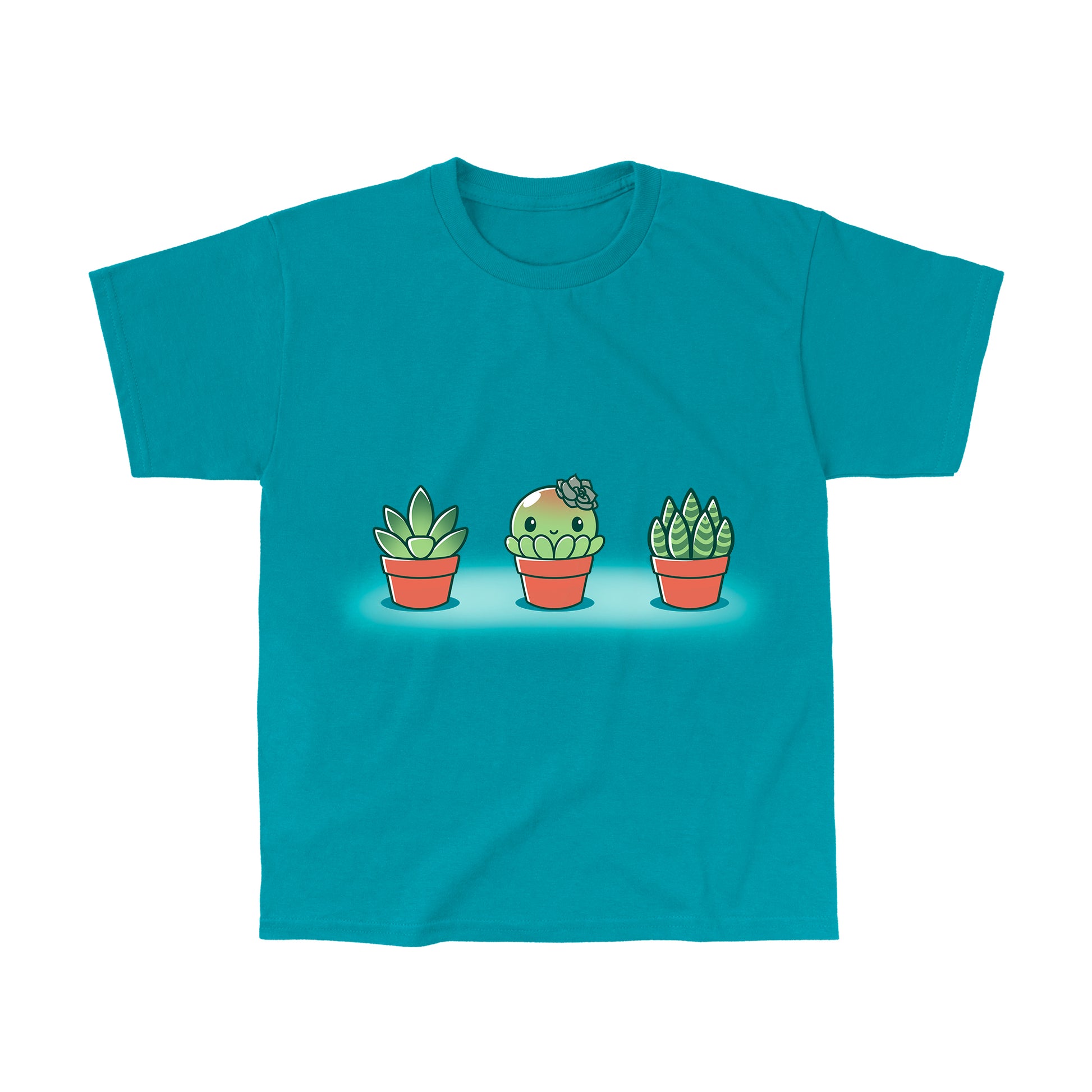 Premium Cotton T-shirt_TeeTurtle Succulent Surprise Tropical Blue t-shirt featuring a round kawaii & sweet succulent with a flower bow in the middle of two other succulents. 