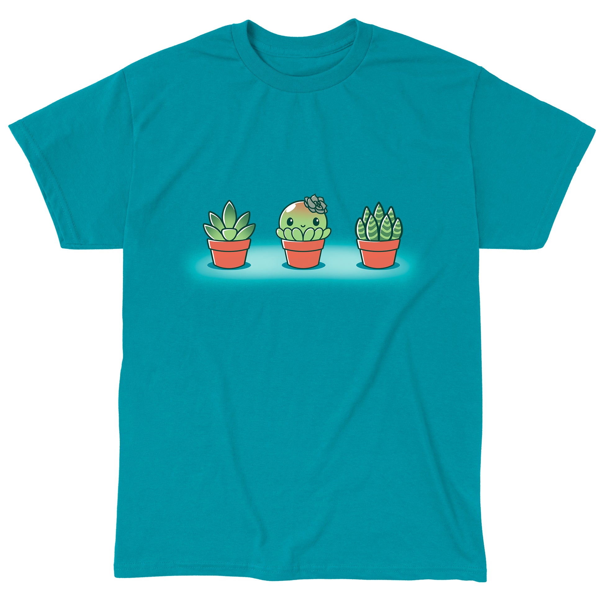 Premium Cotton T-shirt_TeeTurtle Succulent Surprise Tropical Blue t-shirt featuring a round kawaii & sweet succulent with a flower bow in the middle of two other succulents. 