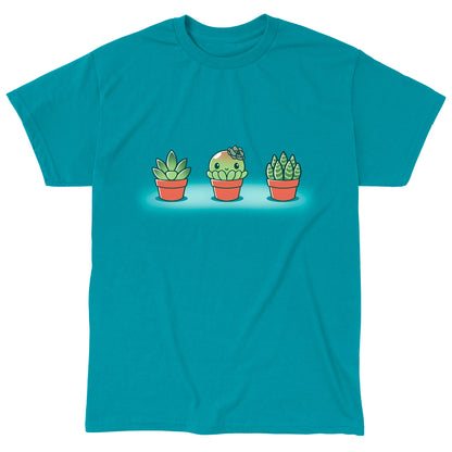 Premium Cotton T-shirt_TeeTurtle Succulent Surprise Tropical Blue t-shirt featuring a round kawaii & sweet succulent with a flower bow in the middle of two other succulents. 