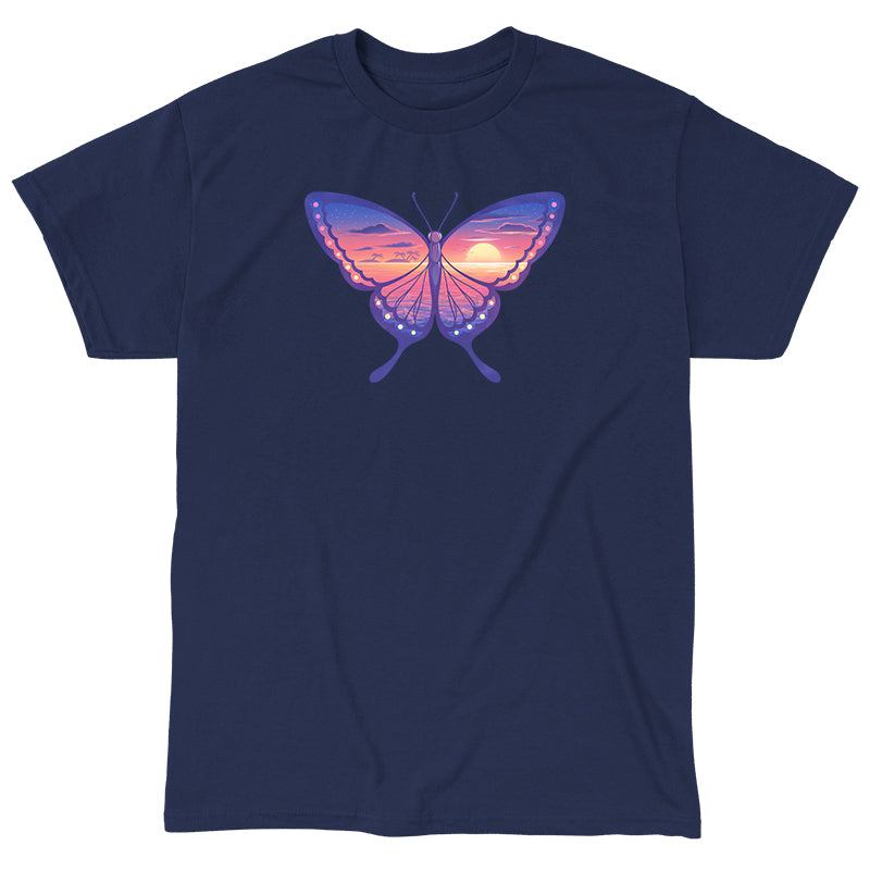 Classic Cotton T-shirt_TeeTurtle navy blue Sunset Butterfly. Featuring a butterfly with a sunset ocean landscape on its wings.