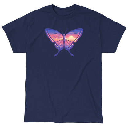 Classic Cotton T-shirt_TeeTurtle navy blue Sunset Butterfly. Featuring a butterfly with a sunset ocean landscape on its wings.