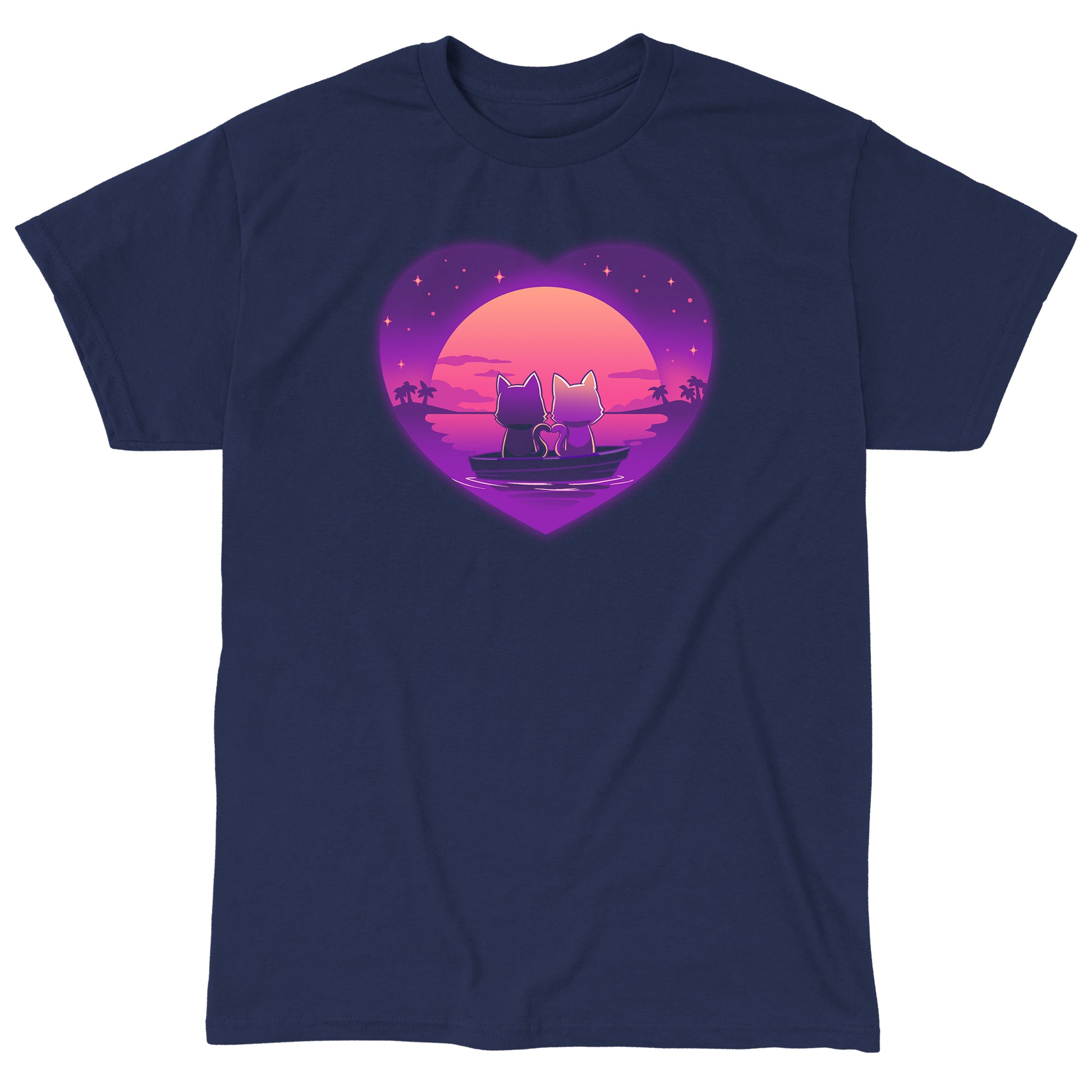 Classic Cotton T-shirt_TeeTurtle Sunset Romance navy blue t-shirt featuring two cats sitting in a boat on calm water, gazing at a colorful sunset framed by a heart shape, with a starry sky and palm trees in the background.