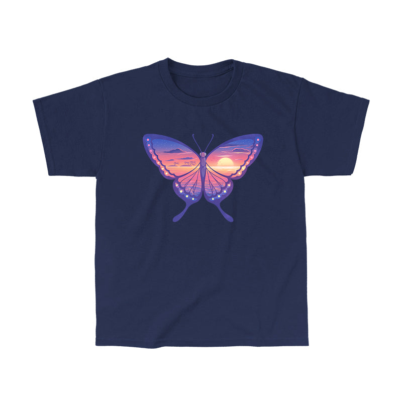 Classic Cotton T-shirt_TeeTurtle navy blue Sunset Butterfly. Featuring a butterfly with a sunset ocean landscape on its wings.