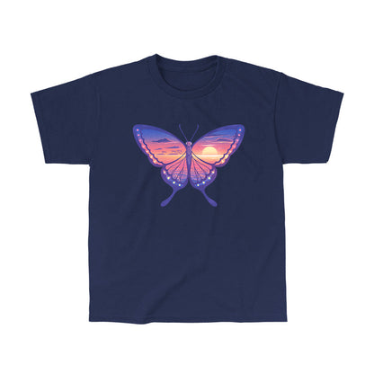 Classic Cotton T-shirt_TeeTurtle navy blue Sunset Butterfly. Featuring a butterfly with a sunset ocean landscape on its wings.