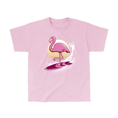 Classic Cotton T-shirt_TeeTurtle Surfing Flamingo light pink t-shirt featuring an artistic flamingo on a surfboard with a sun behind.