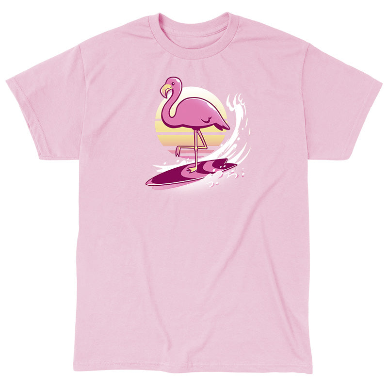 Classic Cotton T-shirt_TeeTurtle Surfing Flamingo light pink t-shirt featuring an artistic flamingo on a surfboard with a sun behind.