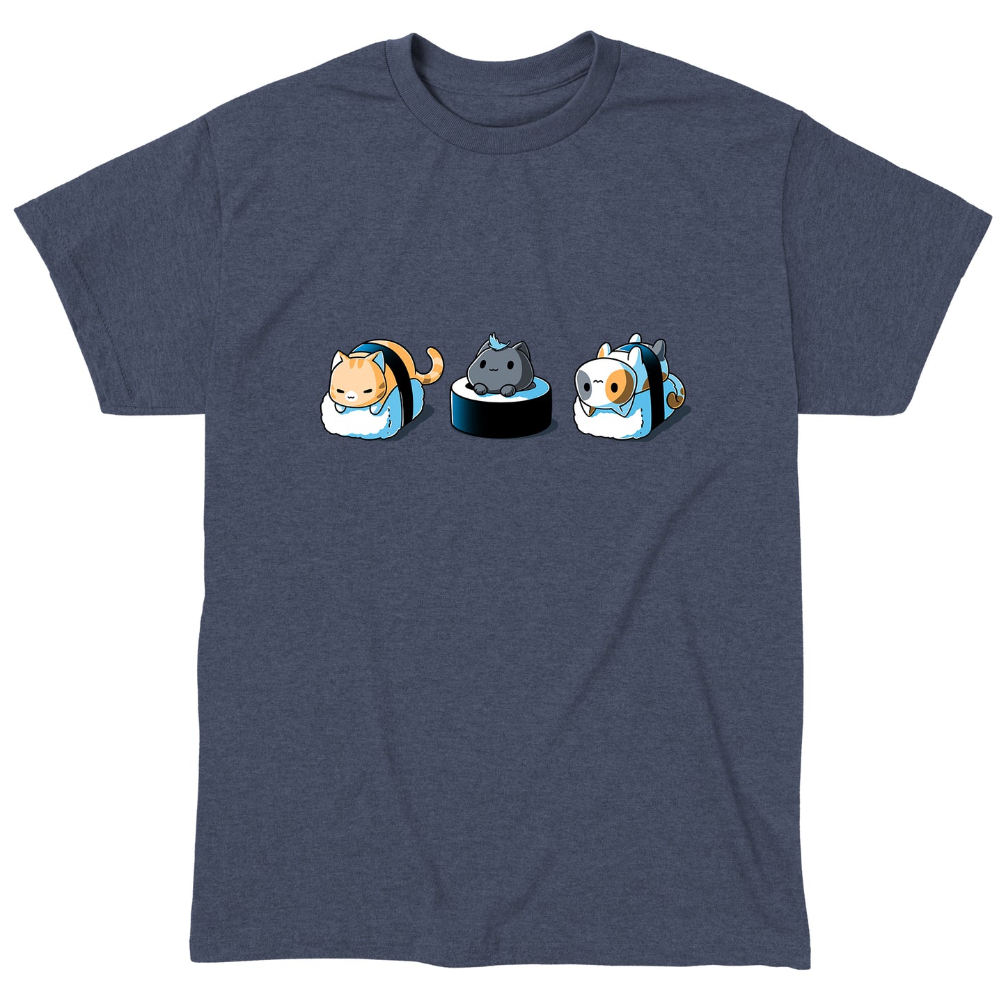 Classic Cotton T-shirt_Teeturtle Sushi Cats heather navy t-shirt featuring three  cats styled as sushi: the left cat wrapped in seaweed on rice, the middle cat atop a rice and seaweed base, and the right cat wrapped in seaweed on rice.