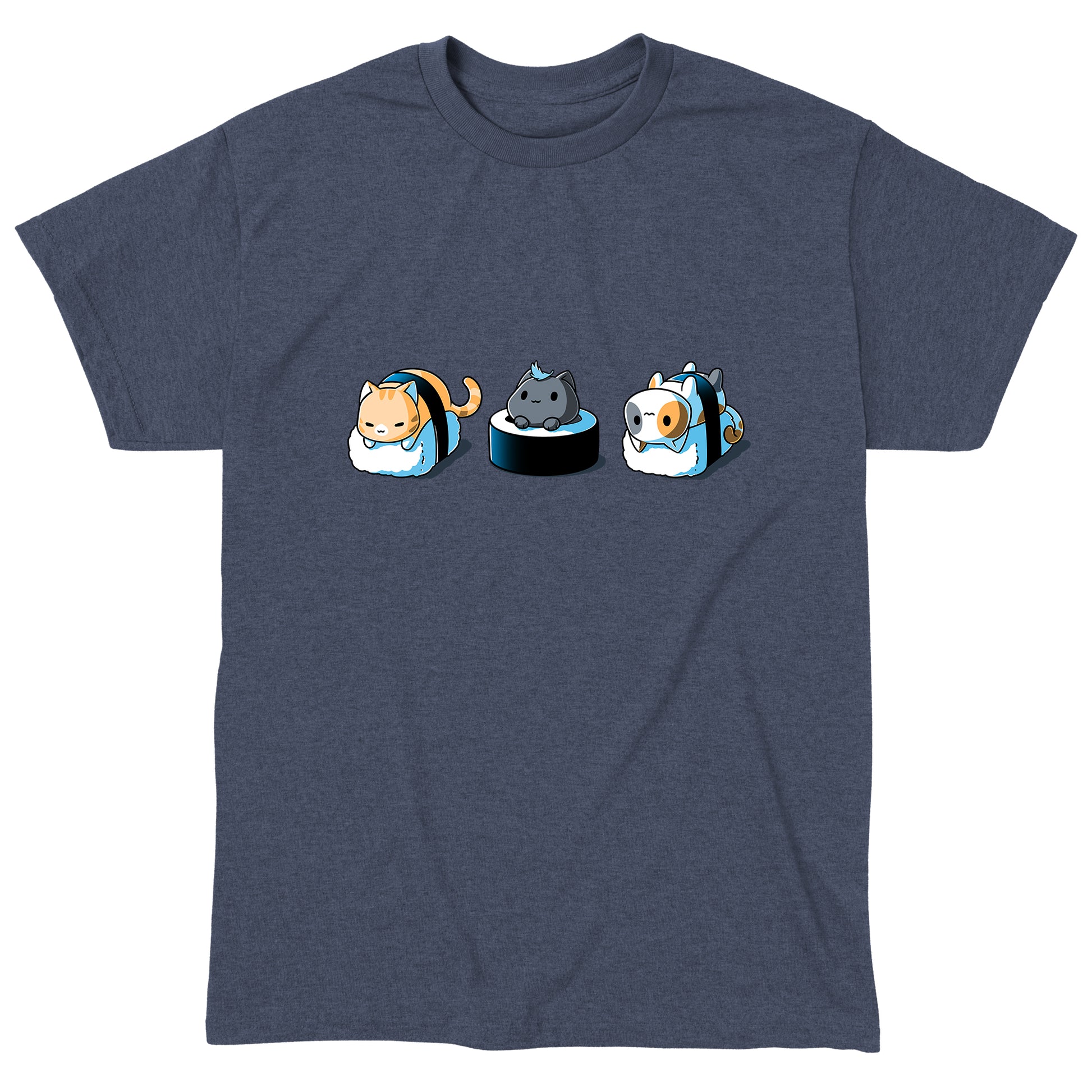 Classic Cotton T-shirt_Teeturtle Sushi Cats heather navy t-shirt featuring three  cats styled as sushi: the left cat wrapped in seaweed on rice, the middle cat atop a rice and seaweed base, and the right cat wrapped in seaweed on rice.