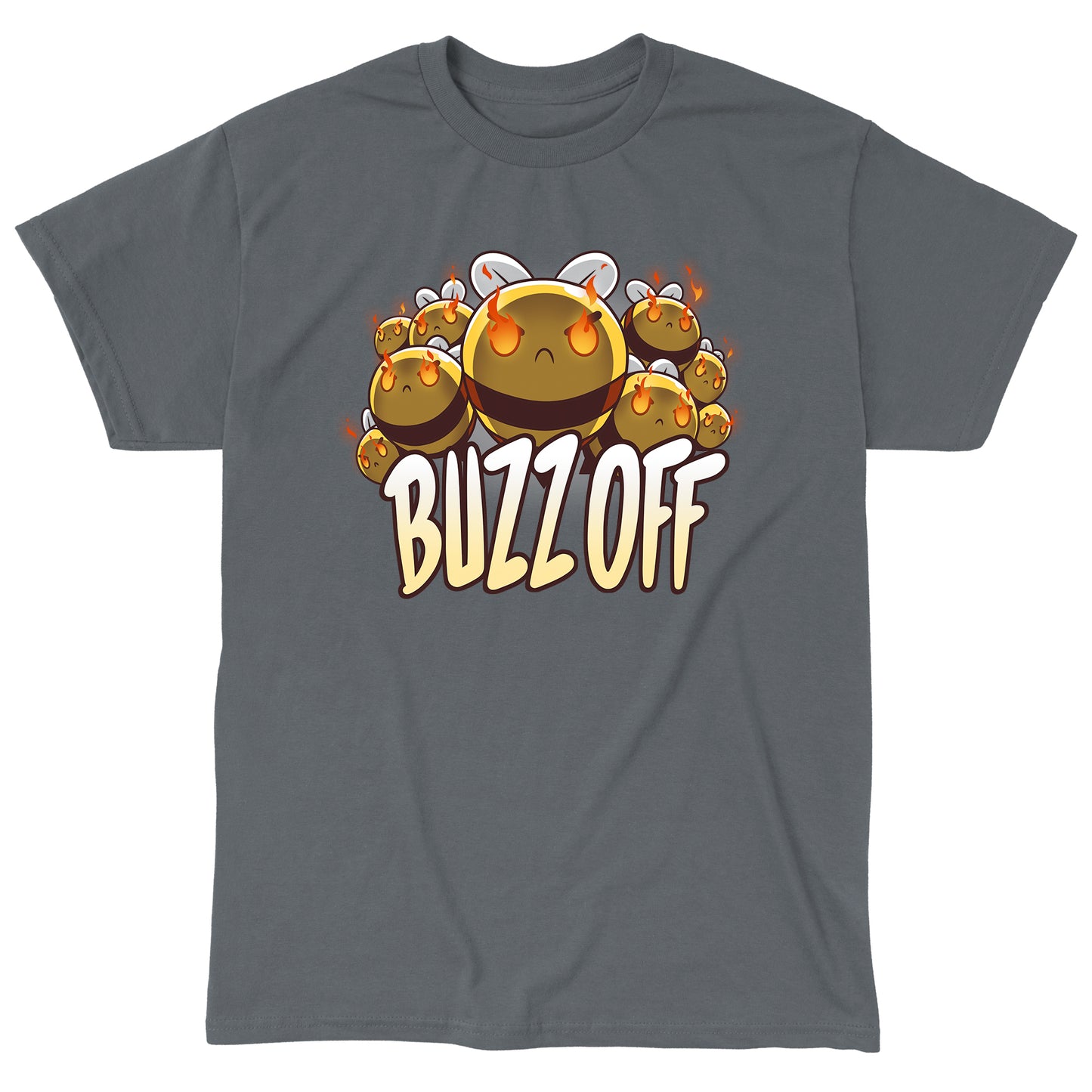 Classic Cotton T-shirt_TeeTurtle Swarm of Fury charcoal gray t-shirt featuring a group of angry bees with flames in their eyes, accompanied by the text "BUZZ OFF" written underneath. 