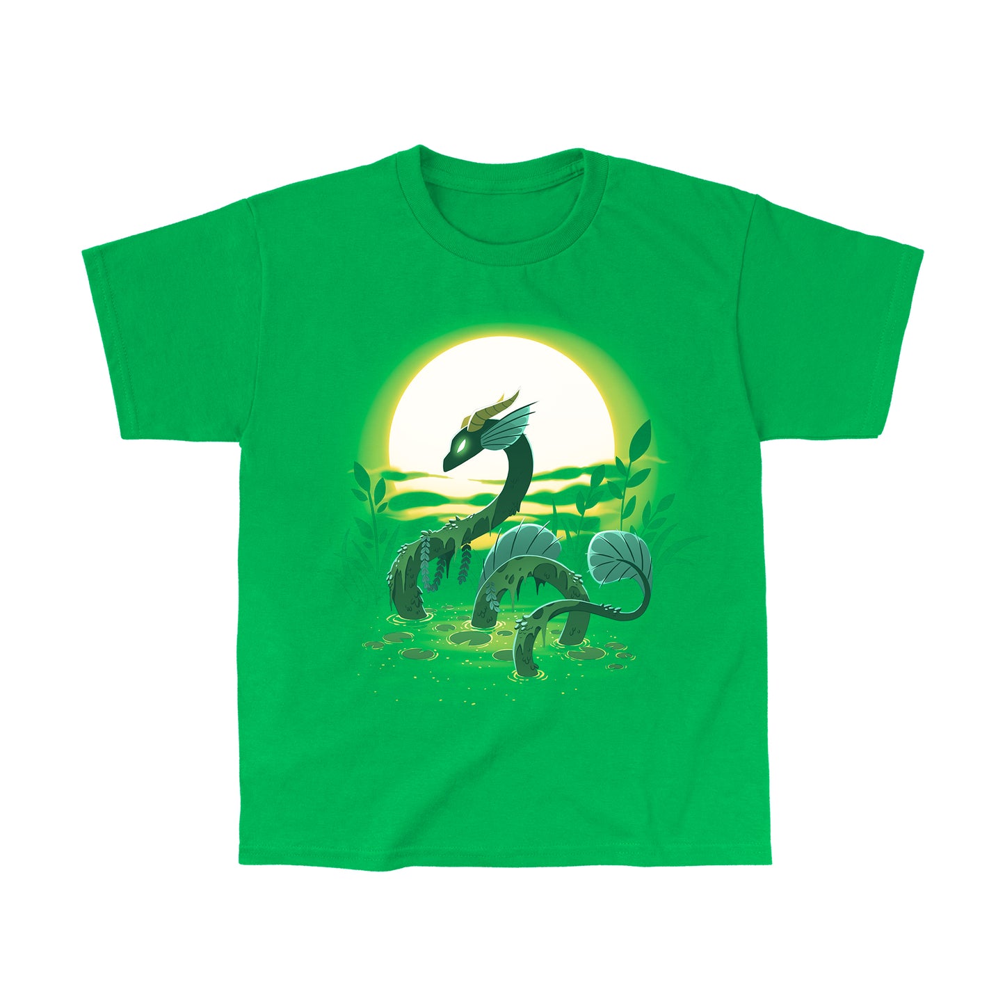 Classic Cotton T-shirt_TeeTurtle Swamp Dragon irish green t-shirt featuring a magical dragon coming up out of a swamp covered in greenery with a sun setting in the background.