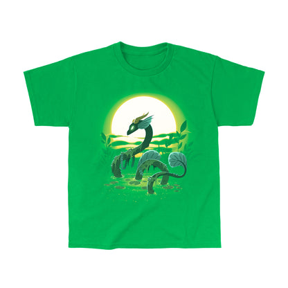 Classic Cotton T-shirt_TeeTurtle Swamp Dragon irish green t-shirt featuring a magical dragon coming up out of a swamp covered in greenery with a sun setting in the background.