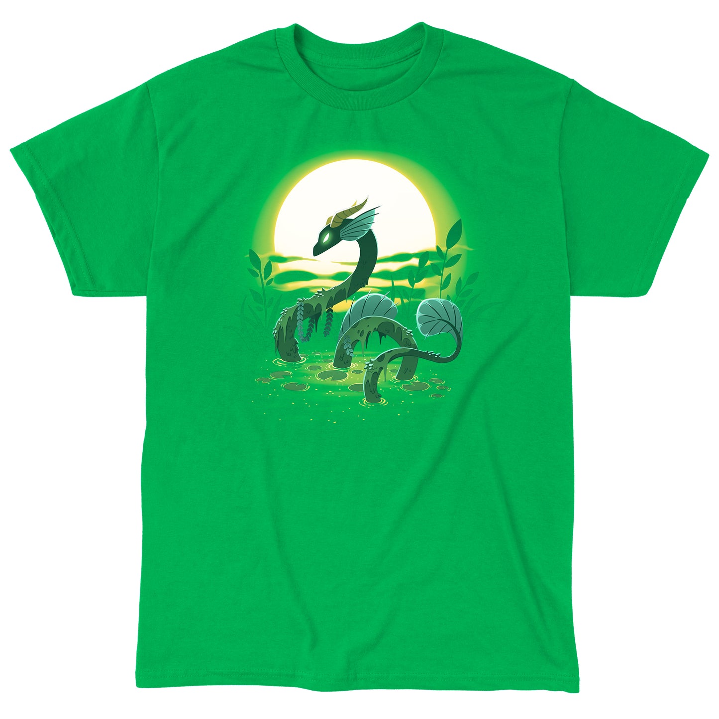 Classic Cotton T-shirt_TeeTurtle Swamp Dragon irish green t-shirt featuring a magical dragon coming up out of a swamp covered in greenery with a sun setting in the background.