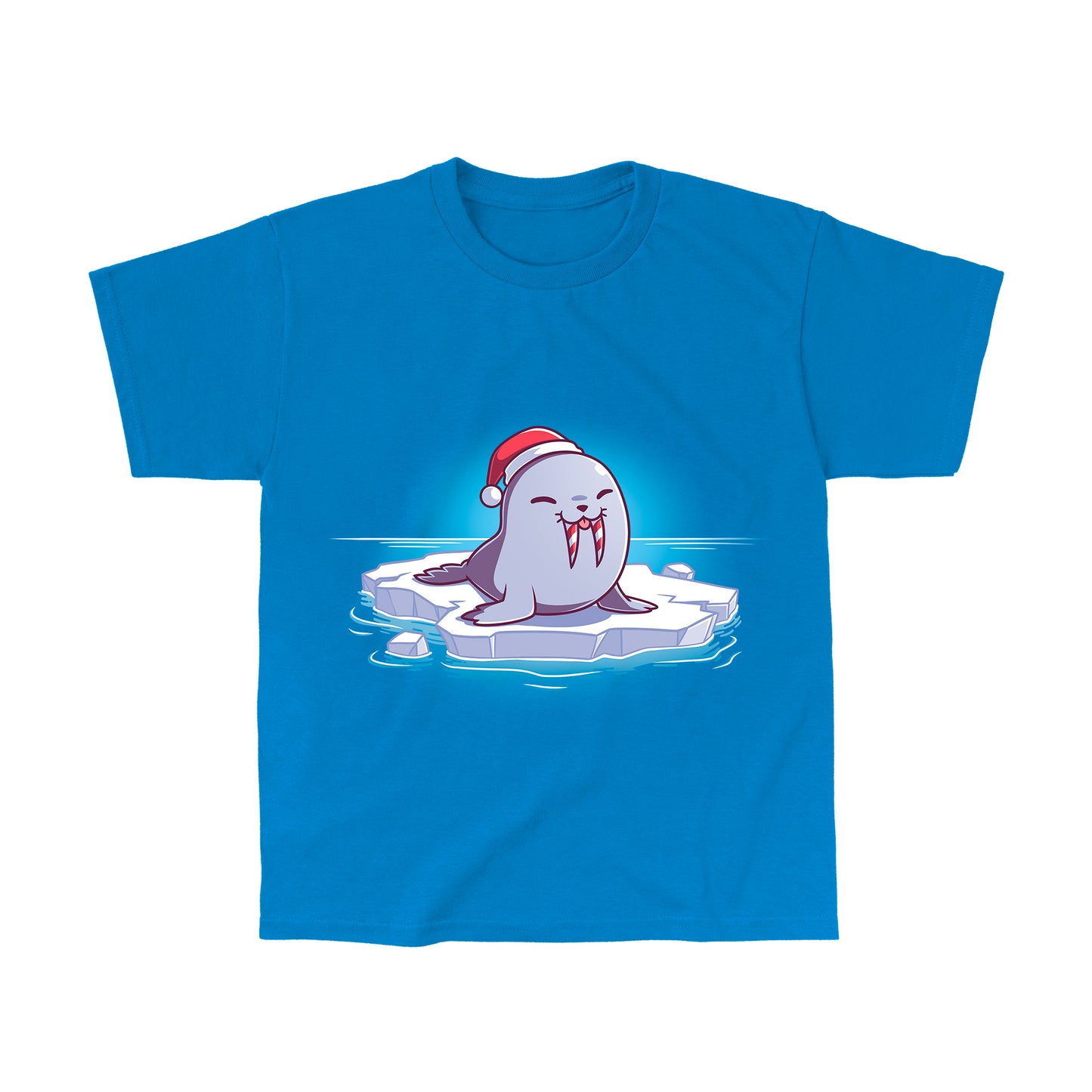 Classic Cotton T-shirt_TeeTurtle Sweet Tooth Sapphire Blue t-shirt featuring an illustration of a smiling walrus wearing a Santa hat, sitting on a floating ice. It's tusks are striped with red and white making them look like candy canes. It's also sticking out it's tongue. 