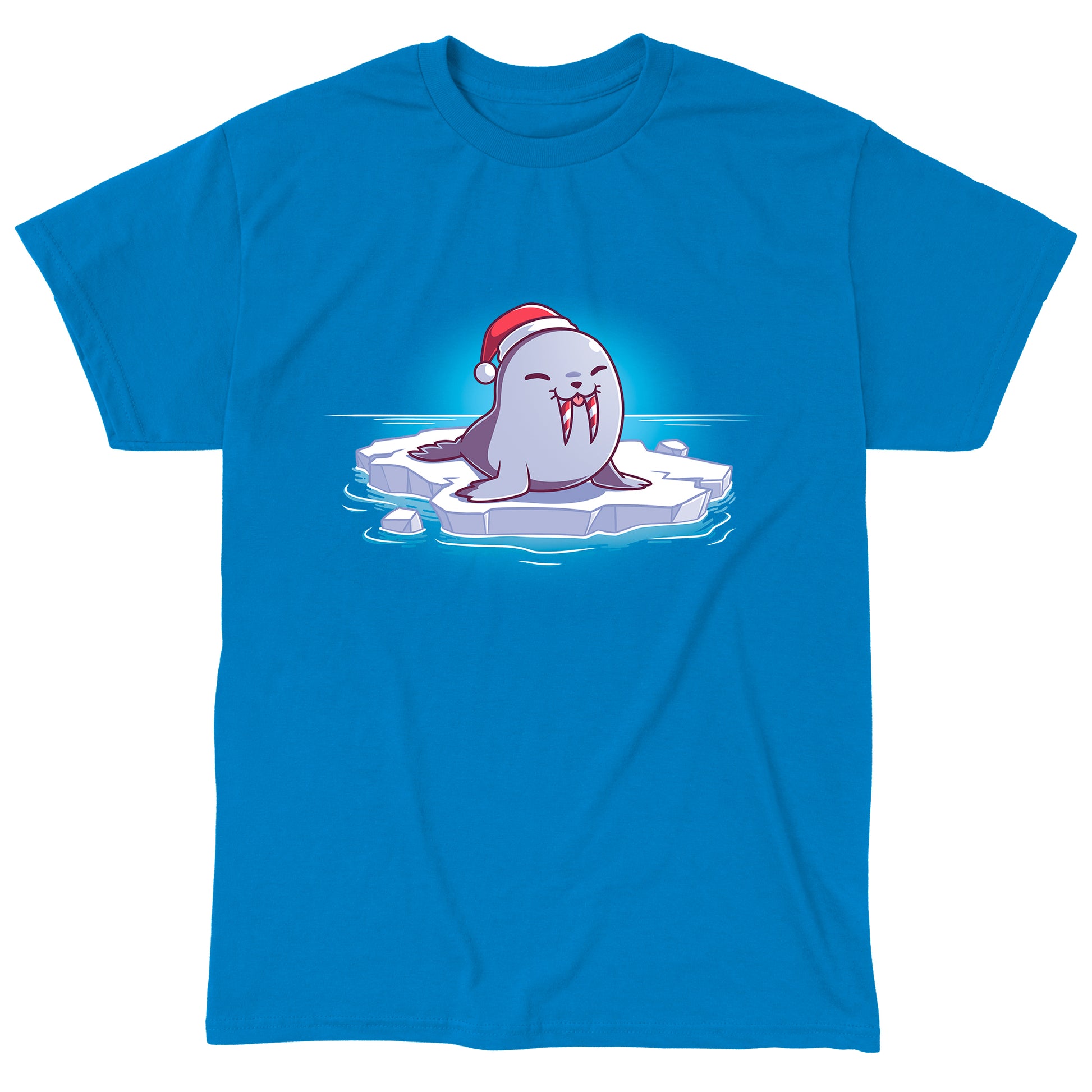 Classic Cotton T-shirt_TeeTurtle Sweet Tooth Sapphire Blue t-shirt featuring an illustration of a smiling walrus wearing a Santa hat, sitting on a floating ice. It's tusks are striped with red and white making them look like candy canes. It's also sticking out it's tongue. 