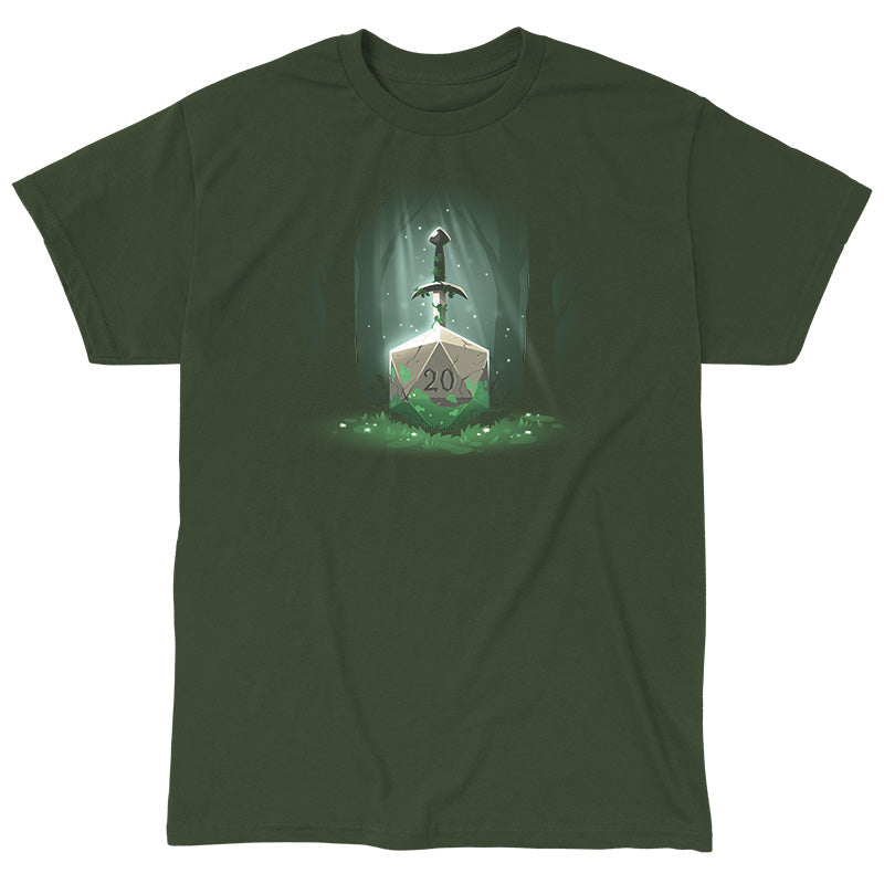 Classic Cotton T-shirt_TeeTurtle Sword in the D20 forest green t-shirt featuring a sword entwined with vines is embedded in a large stone marked with the number "20" in the middle of a dark, misty forest.