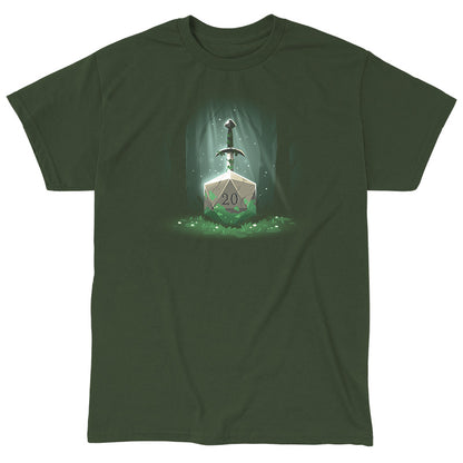 Classic Cotton T-shirt_TeeTurtle Sword in the D20 forest green t-shirt featuring a sword entwined with vines is embedded in a large stone marked with the number "20" in the middle of a dark, misty forest.