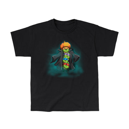 Classic Cotton T-shirt_TeeTurtle black TMNT Stack-o'-Lantern apparel featuring Michelangelo, Donatello, Leonardo, and Raphael in a stack wearing a trench coat with Michelangelo holding a pumpkin as their costume’s head, and with a spooky foggy background.