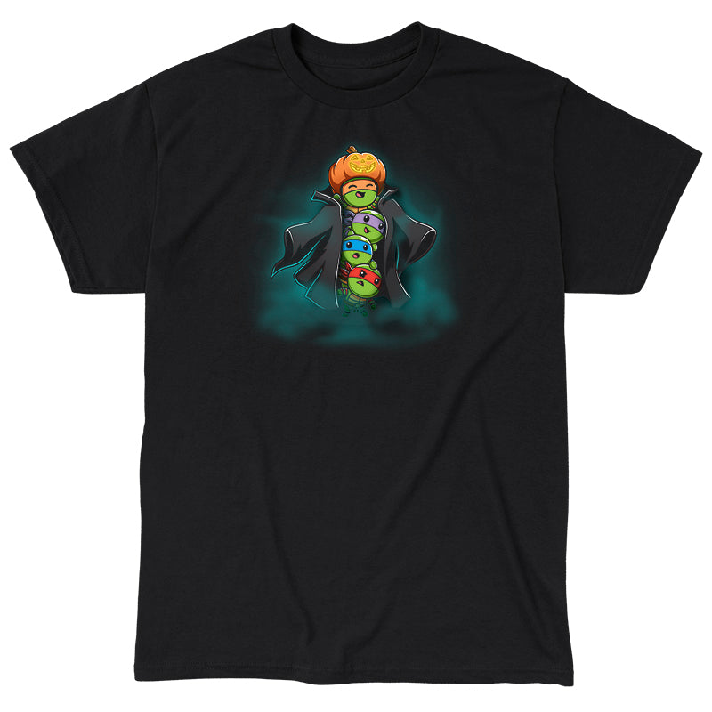 Classic Cotton T-shirt_TeeTurtle black TMNT Stack-o'-Lantern apparel featuring Michelangelo, Donatello, Leonardo, and Raphael in a stack wearing a trench coat with Michelangelo holding a pumpkin as their costume’s head, and with a spooky foggy background.