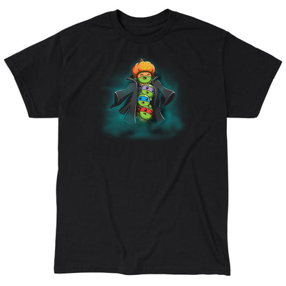 Classic Cotton T-shirt_TeeTurtle black TMNT Stack-o'-Lantern apparel featuring Michelangelo, Donatello, Leonardo, and Raphael in a stack wearing a trench coat with Michelangelo holding a pumpkin as their costume’s head, and with a spooky foggy background.