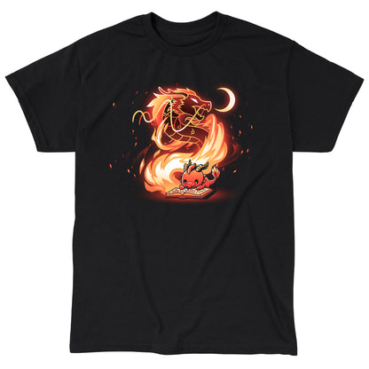 Classic Cotton T-shirt_TeeTurtle Tale Of Scales black t-shirt featuring an illustration of a little red dragon reading a book that has a large, fiery dragon swirling in flames coming out from the book and a small crescent moon in the top right corner near the large dragon's head.