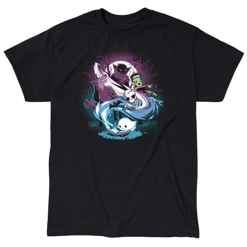 Classic Cotton T-shirt_TeeTurtle Tales of Horror black t-shirt featuring a little ghost reading in the forest by flashlight with a swirl of characters coming out of their book including a werewolf, Frakenstein, a vampire, and a skeleton 