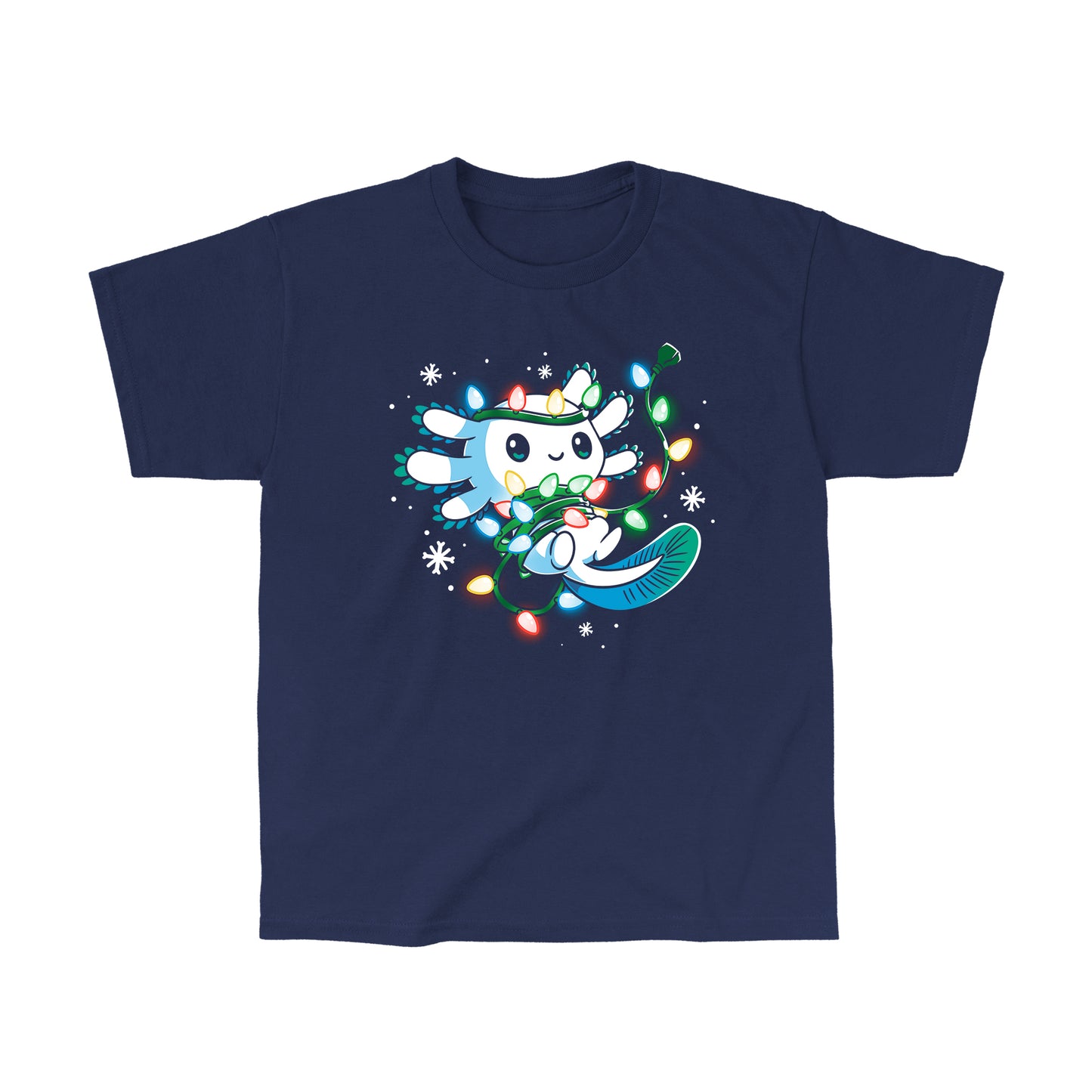 Classic Cotton T-shirt_TeeTurtle navy blue Tangled Up Axolotl. Featuring a white axolotl tangled up in a string of holiday lights.