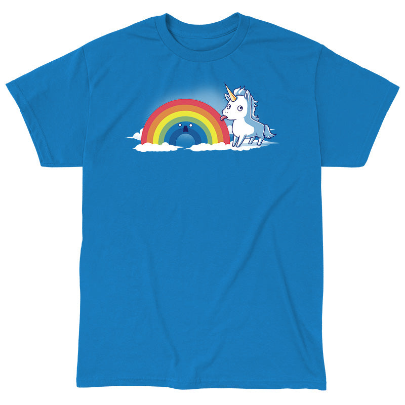 Classic Cotton T-shirt_TeeTurtle sapphire blue Tasty Rainbow. Featuring a unicorn licking a surprised rainbow.