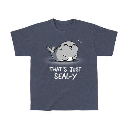 Classic Cotton T-shirt_TeeTurtle That's Just Seal-y heather navy t-shirt featuring a seal with a happy expression and text below reading, "that's just seal-y,"